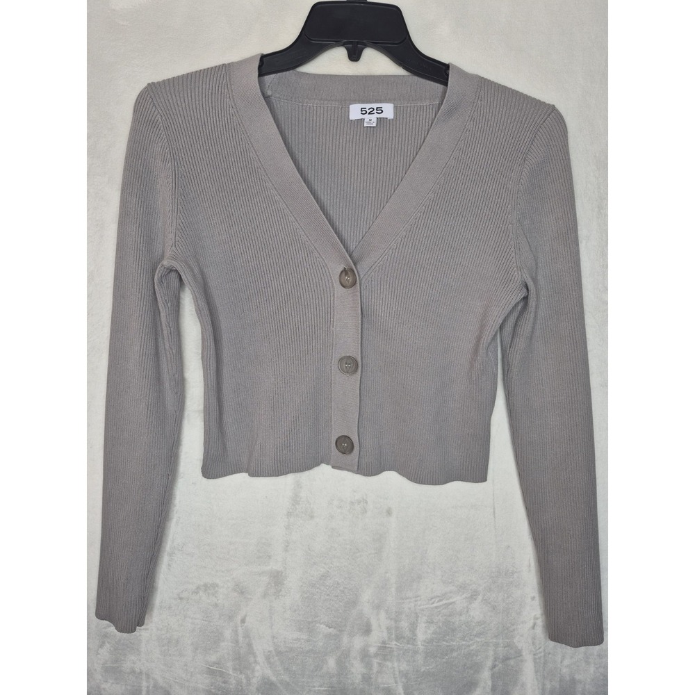 525 America Ribbed Button Down Cropped Sweater Top Light Grey Womens Medium